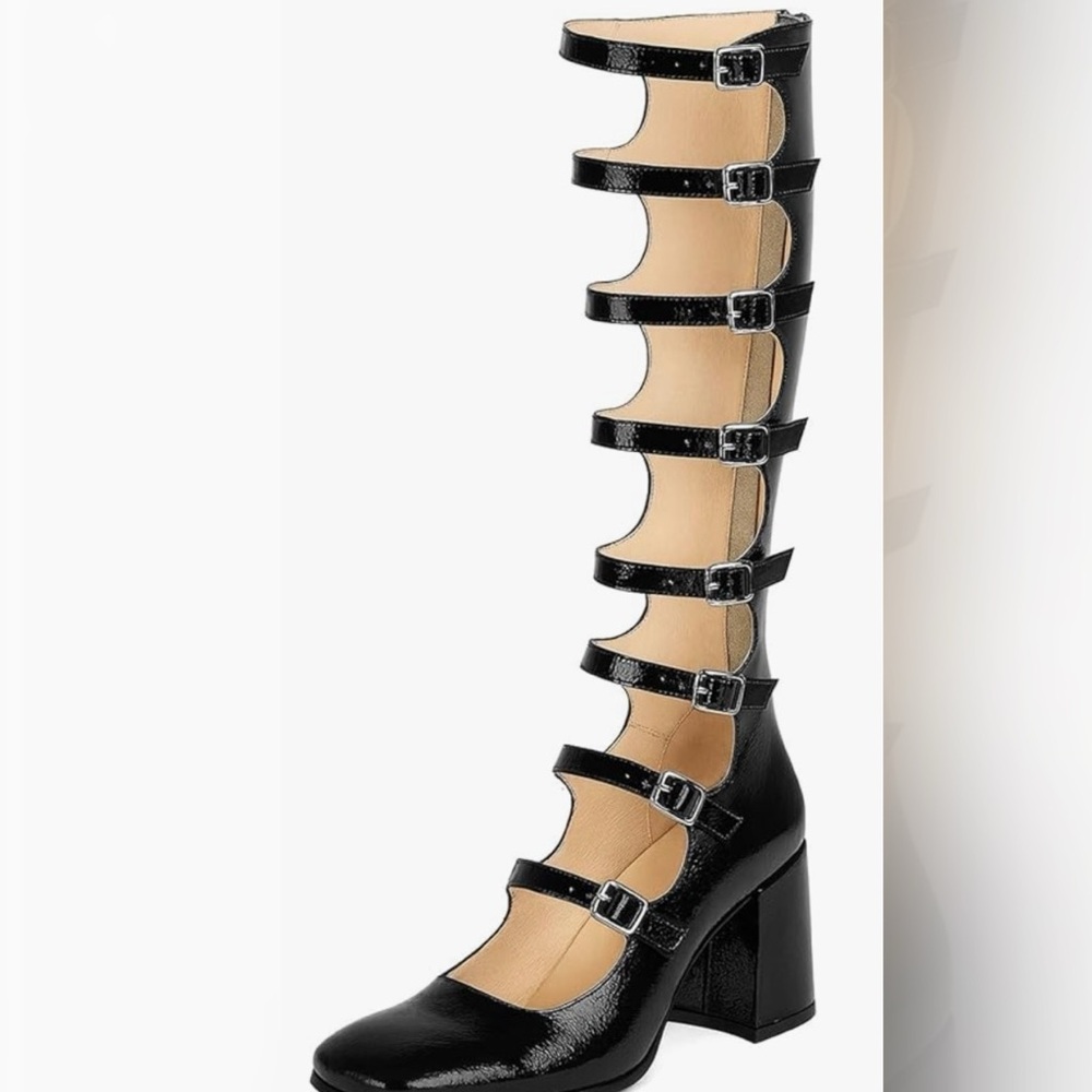Knee high mary jane chunky block heels with buckle straps and zipper back